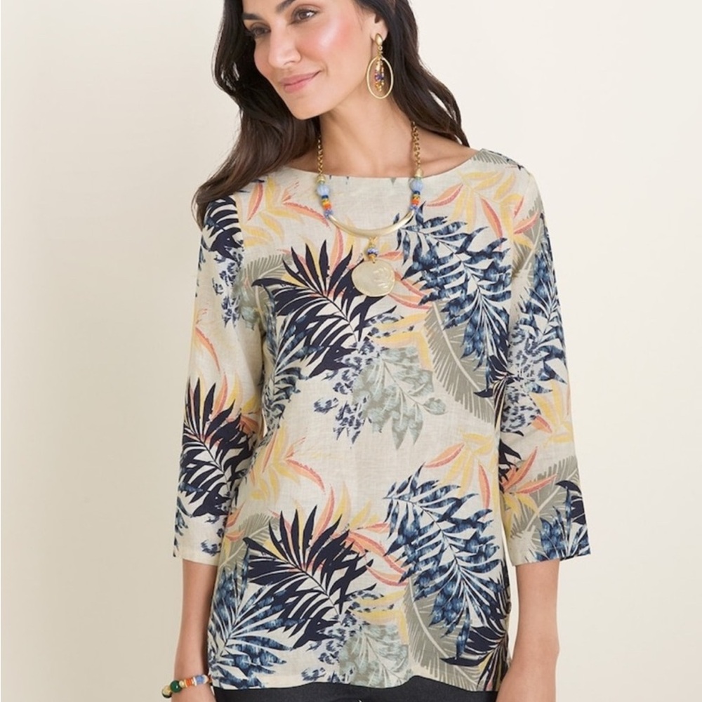 Chico’s 4 XXL No Iron 100% Linen Palm Tropical Top Shirt Side Button